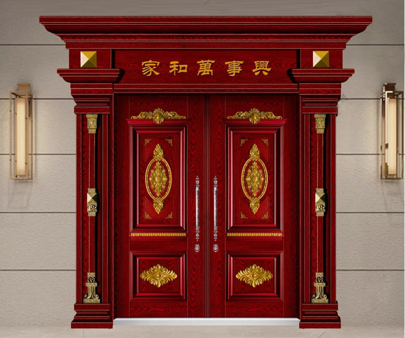 DH-8846拼接工艺门精雕红柚木描金